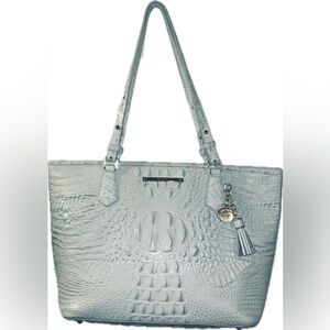 Brahmin Large Asher Mint Green Icy Blue Crocodile Zip Top Shoulder Bag Tote